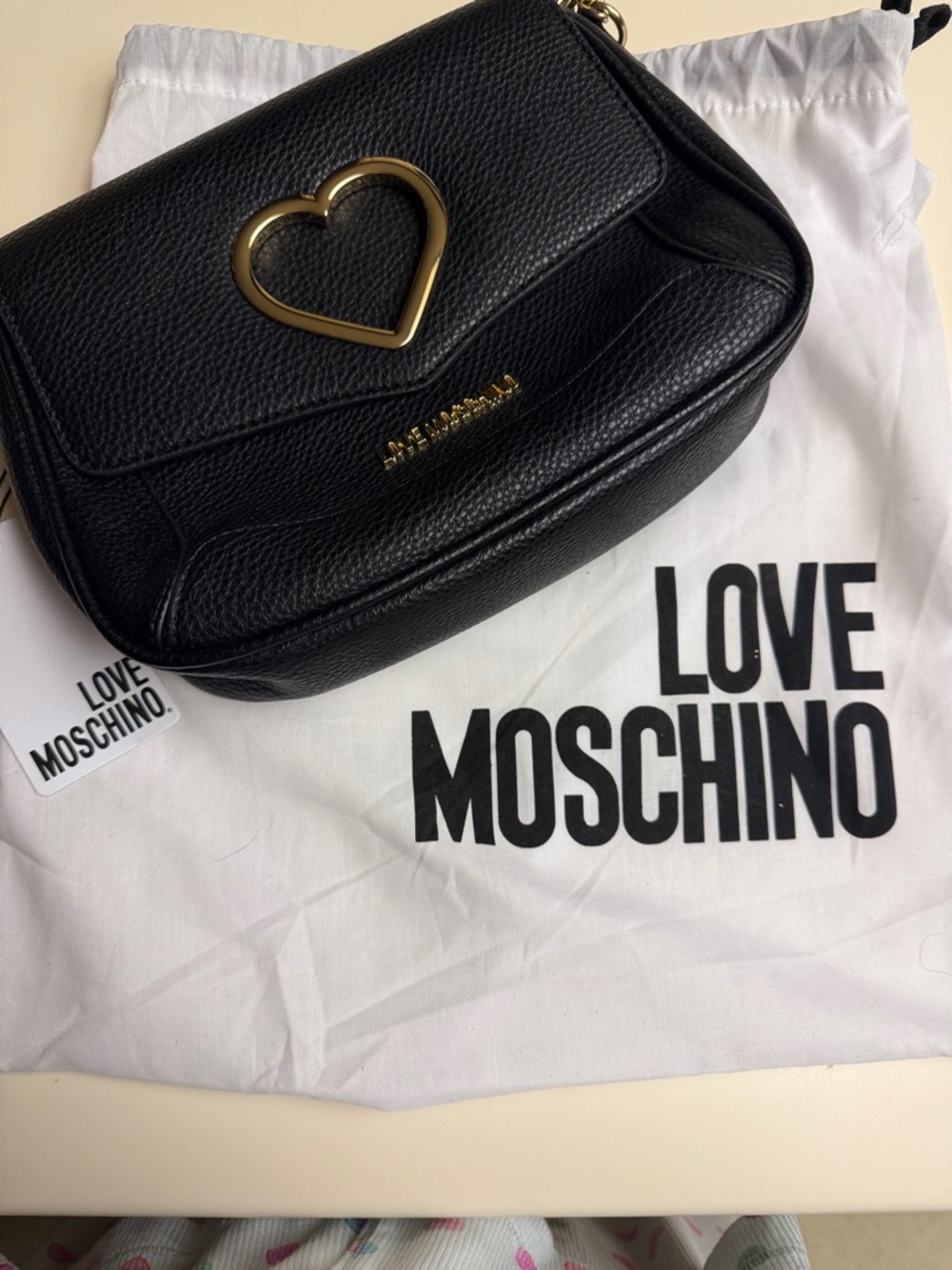 Love Moschino Black Pebbled Crossbody with Gold Heart Accent